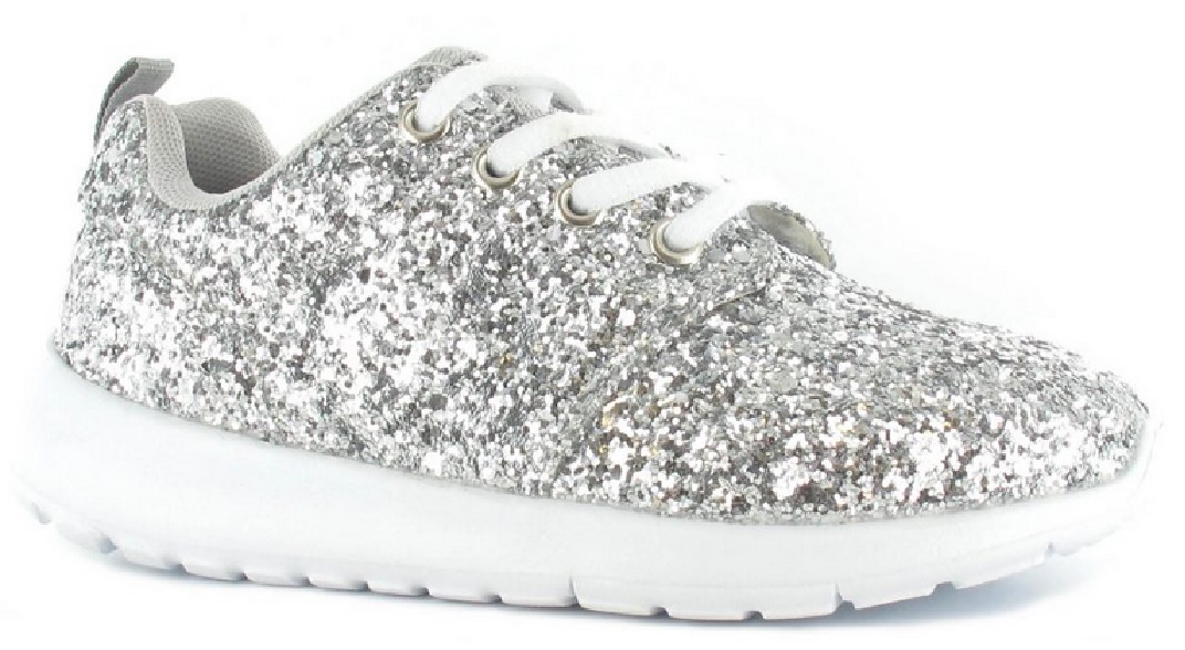 KIDS GIRLS GLITTER SILVER LACE UP LIGHTWEIGHT TRAINERS SPARKLY BLING SHOES SIZE | eBay